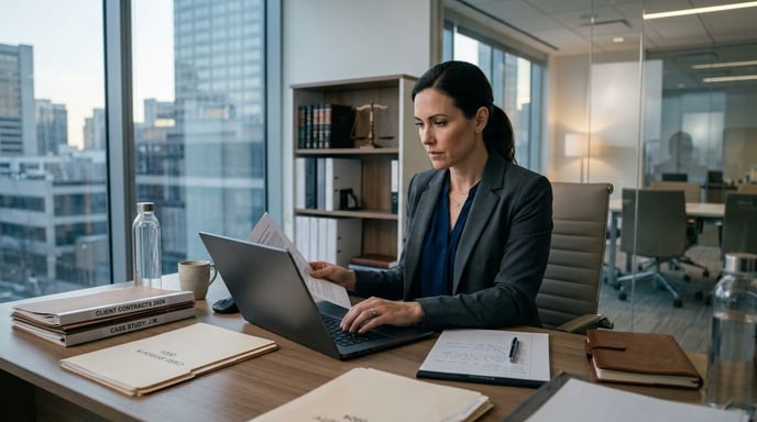 Eine fokussierte Person in Business-Kleidung arbeitet an einem Laptop in einem modernen Büro.