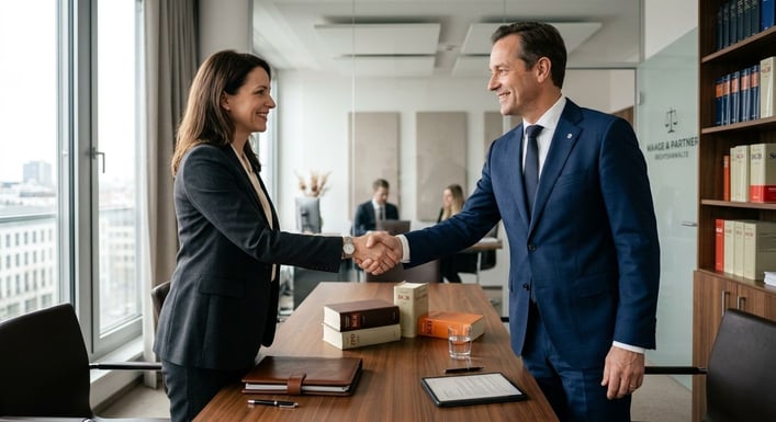 Eine Person in Business-Kleidung schüttelt einem Büro-Besucher die Hand in einem professionellen Umfeld.