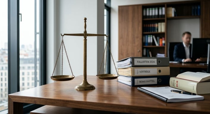 Eine Justizwaage steht auf einem polierten Schreibtisch, umgeben von Aktenordnern.