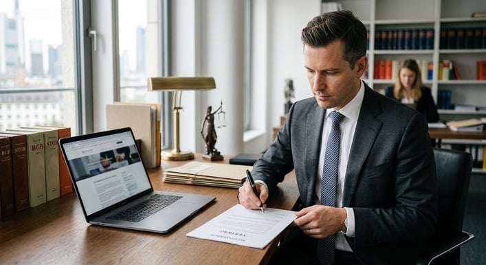 Eine Person unterschreibt ein Dokument auf einem Schreibtisch mit einem Laptop daneben.