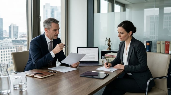Zwei Personen in Business-Kleidung besprechen Dokumente an einem Konferenztisch.
