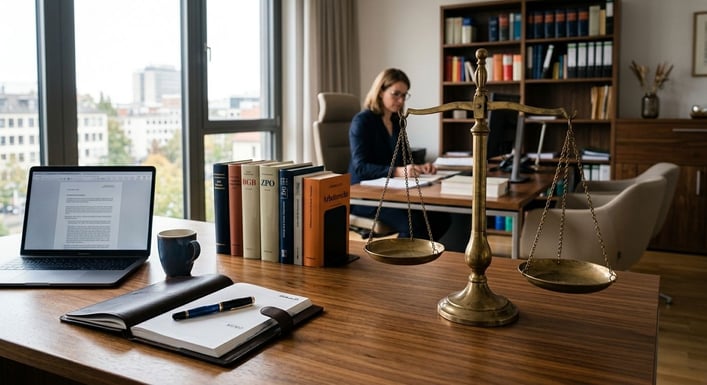 Eine Justizwaage steht auf einem aufgeräumten Schreibtisch in einem Büro.