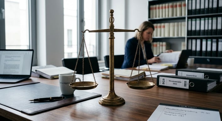 Eine Nahaufnahme zeigt eine Justizwaage auf einem aufgeräumten Schreibtisch mit Dokumenten.