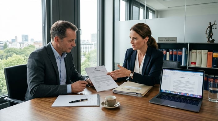 Eine Person in Business-Kleidung zeigt einem Büro-Besucher Dokumente am Schreibtisch.
