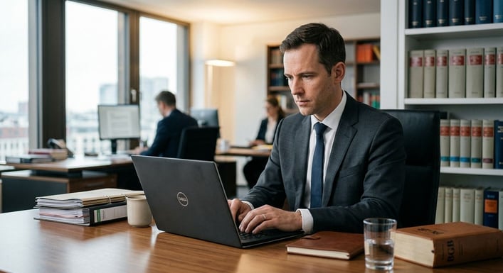 Ein fokussierter Büro-Mitarbeiter tippt konzentriert an einem Laptop auf einem Schreibtisch.