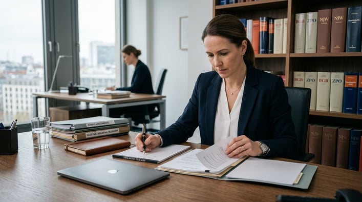 Eine Person in Business-Kleidung betrachtet nachdenklich Dokumente an einem Schreibtisch.