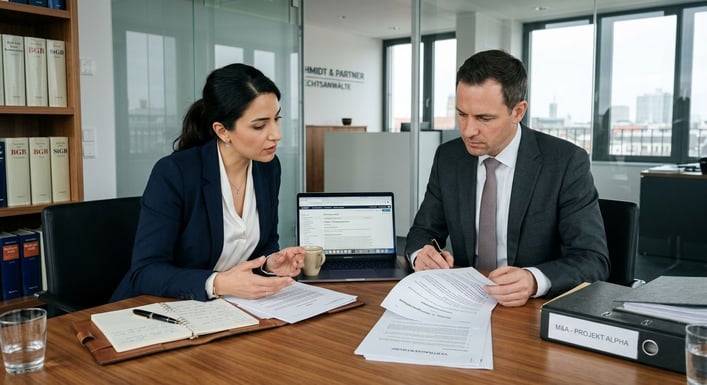 Zwei Personen besprechen konzentriert Unterlagen an einem Konferenztisch mit einem Laptop.