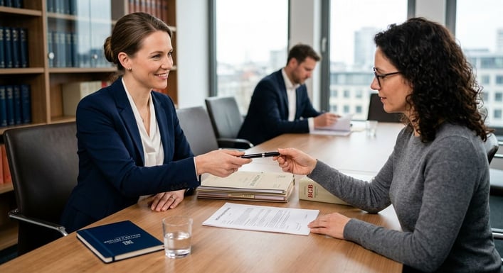 Ein professioneller Berater reicht einem Büroangestellten einen Stift für eine Unterschrift.