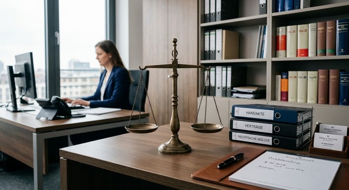 Eine Justizwaage steht auf einem aufgeräumten Schreibtisch neben Aktenordnern und einem Stift.