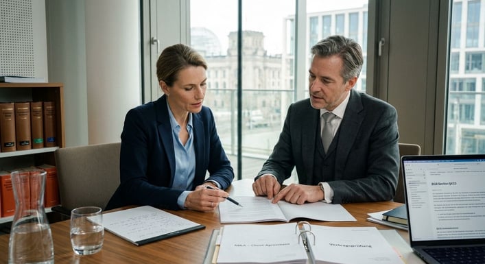 Zwei Personen in Business-Kleidung besprechen fokussiert Unterlagen an einem Konferenztisch.