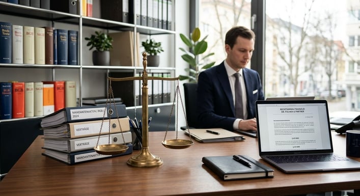 Eine Justizwaage steht auf einem aufgeräumten Schreibtisch neben Aktenordnern und einem Laptop.