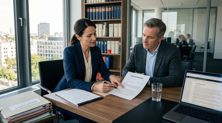 Eine Person in Business-Kleidung erklärt einer anderen Person Dokumente am Schreibtisch.