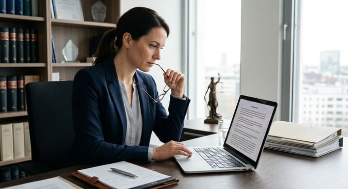 Eine Person am Schreibtisch prüft aufmerksam digitale Dokumente am Laptop.