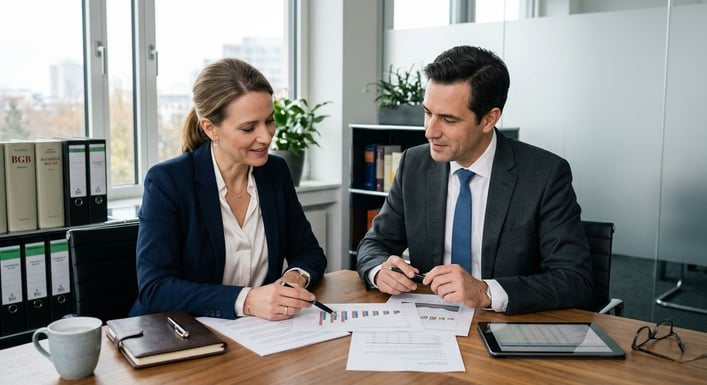 Zwei Personen besprechen am Schreibtisch Dokumente mit Diagrammen und Zahlen.