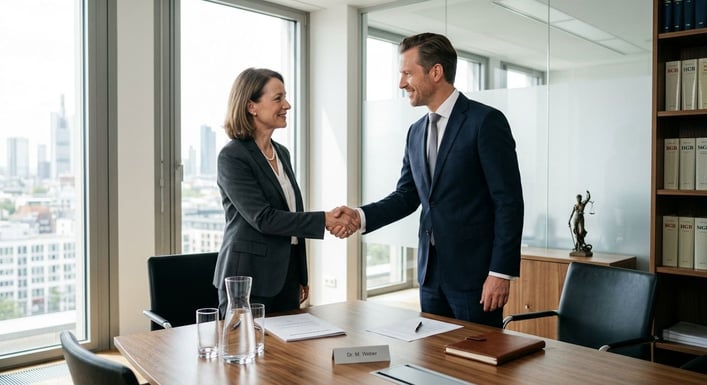 Eine Person reicht einer anderen Person in einem Konferenzraum die Hand.
