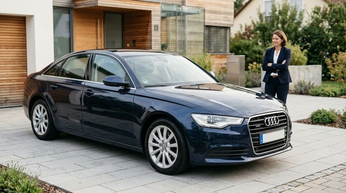 Ein modernes, glänzendes Auto, das frisch repariert wurde und wie neu aussieht, aber mit einer subtilen Andeutung von Bedenken im Hintergrund des Besitzers. Das Bild soll Professionalität und Sauberkeit vermitteln.
