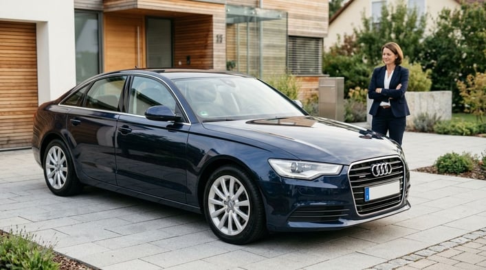 Ein modernes, glänzendes Auto, das frisch repariert wurde und wie neu aussieht, aber mit einer subtilen Andeutung von Bedenken im Hintergrund des Besitzers. Das Bild soll Professionalität und Sauberkeit vermitteln.