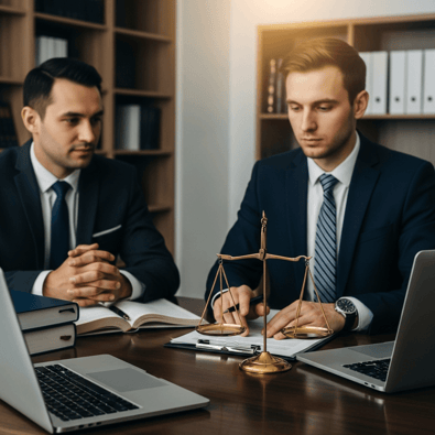 Eine symbolische Darstellung der Waage der Justiz, perfekt ausbalanciert, auf einer eleganten Oberfläche in einer hellen, modernen Umgebung, die Fairness und die erfolgreiche Lösung einer Rechtsangelegenheit darstellt.