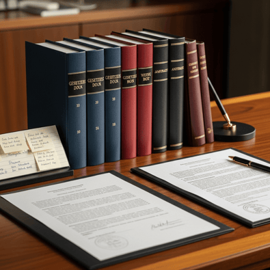 Eine Nahaufnahme von Gesetzbüchern und offiziellen Dokumenten auf einem polierten Holzschreibtisch, die die Tiefe des juristischen Wissens und sorgfältige Recherche hervorhebt.