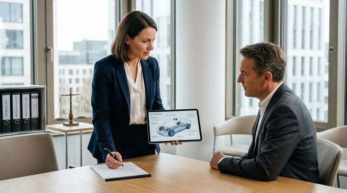 Eine professionelle Szene, die Planung und Verständnis für zukünftige Mobilität symbolisiert. Ein Auto-Grundriss auf einem Tablet oder Bauplan wird betrachtet, was einen strukturierten Ansatz zur Problemlösung darstellt.