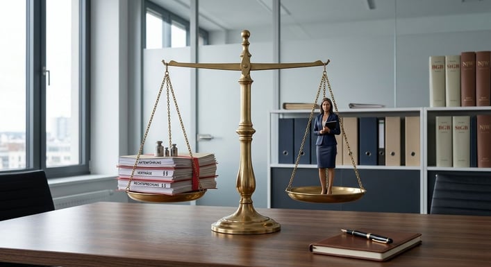 Ein ausgewogenes Waagensymbol der Justiz, bei dem eine Seite von einem Stapel Dokumente und einem stilisierten Anwalt repräsentiert wird, die die andere Seite ausgleicht, symbolisierend Waffengleichheit und faire rechtliche Vertretung.