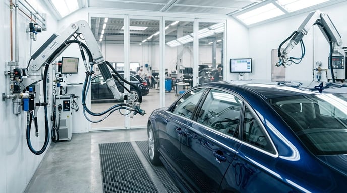 Moderne Autolackiererei für professionelle Beilackierung an Fahrzeug.