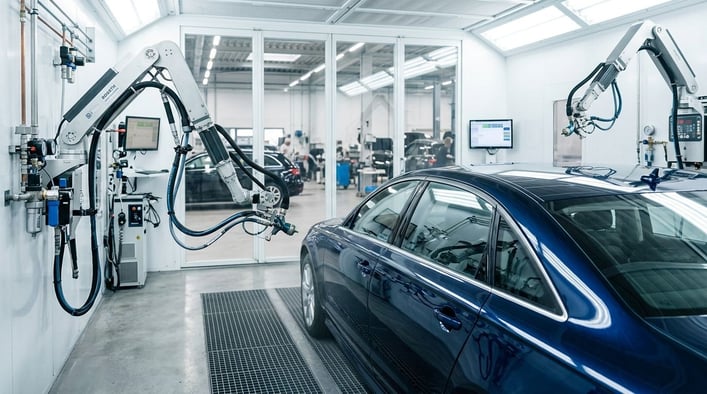 Moderne Autolackiererei für professionelle Beilackierung an Fahrzeug.