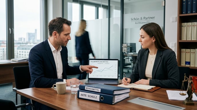 Zwei Personen besprechen Unfall Schuldfrage am Schreibtisch mit Laptop.