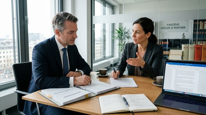 Professionals besprechen Dokumente, während ein Laptop auf dem Schreibtisch liegt.