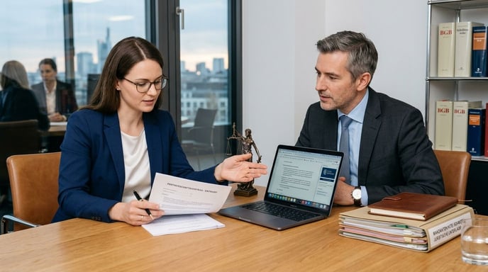 Professionals besprechen Kettenunfall-Details an einem Konferenztisch mit Laptop.