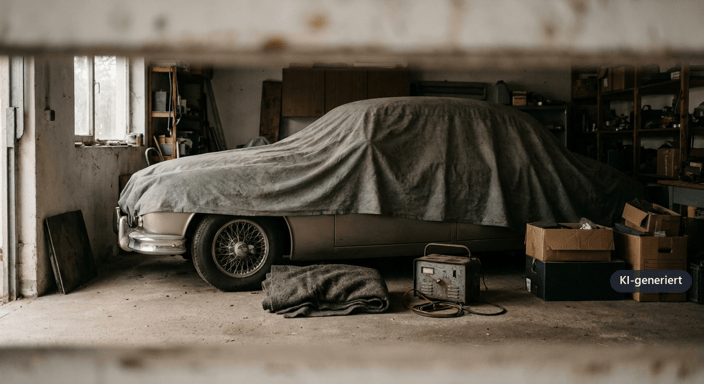 Klassischer Oldtimer mit Unfallschaden auf einer Hebebühne in einer Werkstatthalle