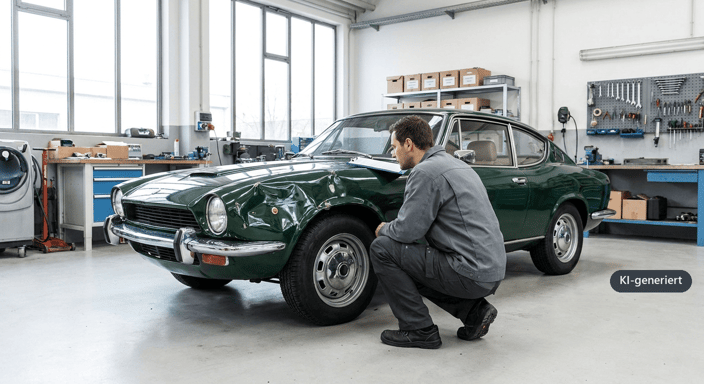 Klassischer Oldtimer mit Frontschaden nach einem Verkehrsunfall