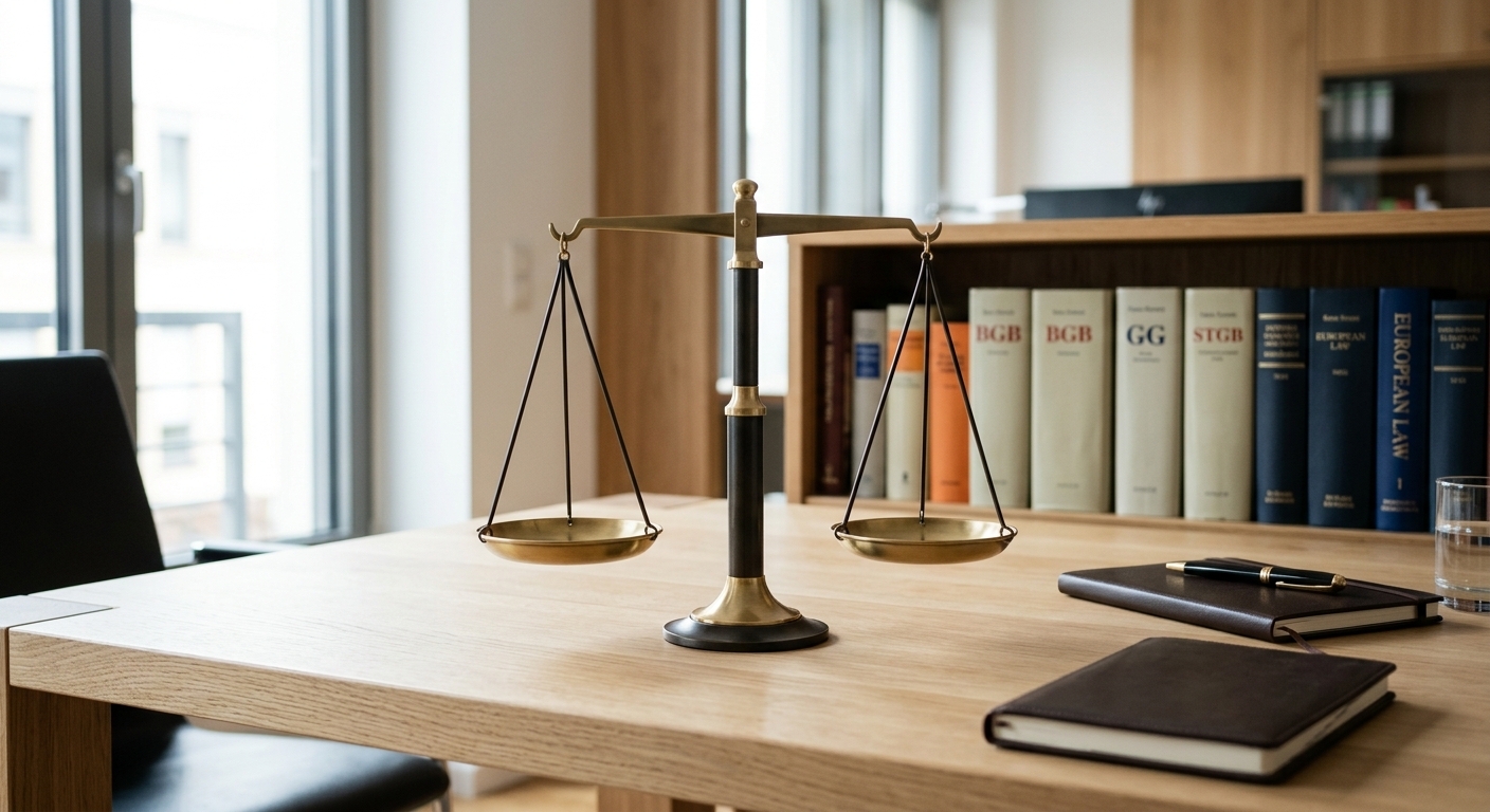 Eine metaphorische Darstellung von Gerechtigkeit und Ausgleich durch eine stilistisch moderne Waage der Justiz, umgeben von einem aufgeräumten Schreibtisch mit juristischen Büchern im Hintergrund.