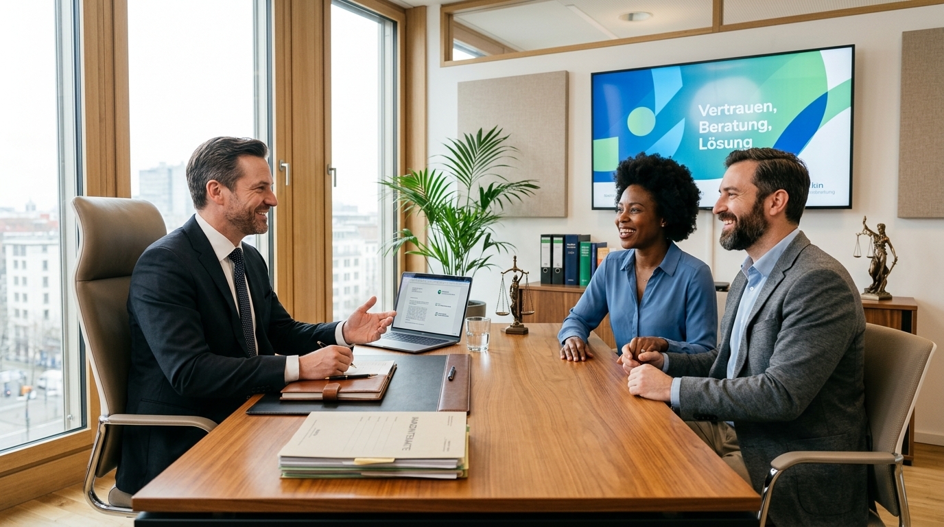 Ein modernes Büro mit einem Anwalt, der freundlich ein Paar berät, mit lächelnden Gesichtern. Im Hintergrund ist ein großer Monitor und grüne Pflanzen zu sehen. Die Szene strahlt Professionalität und Vertrauen aus.