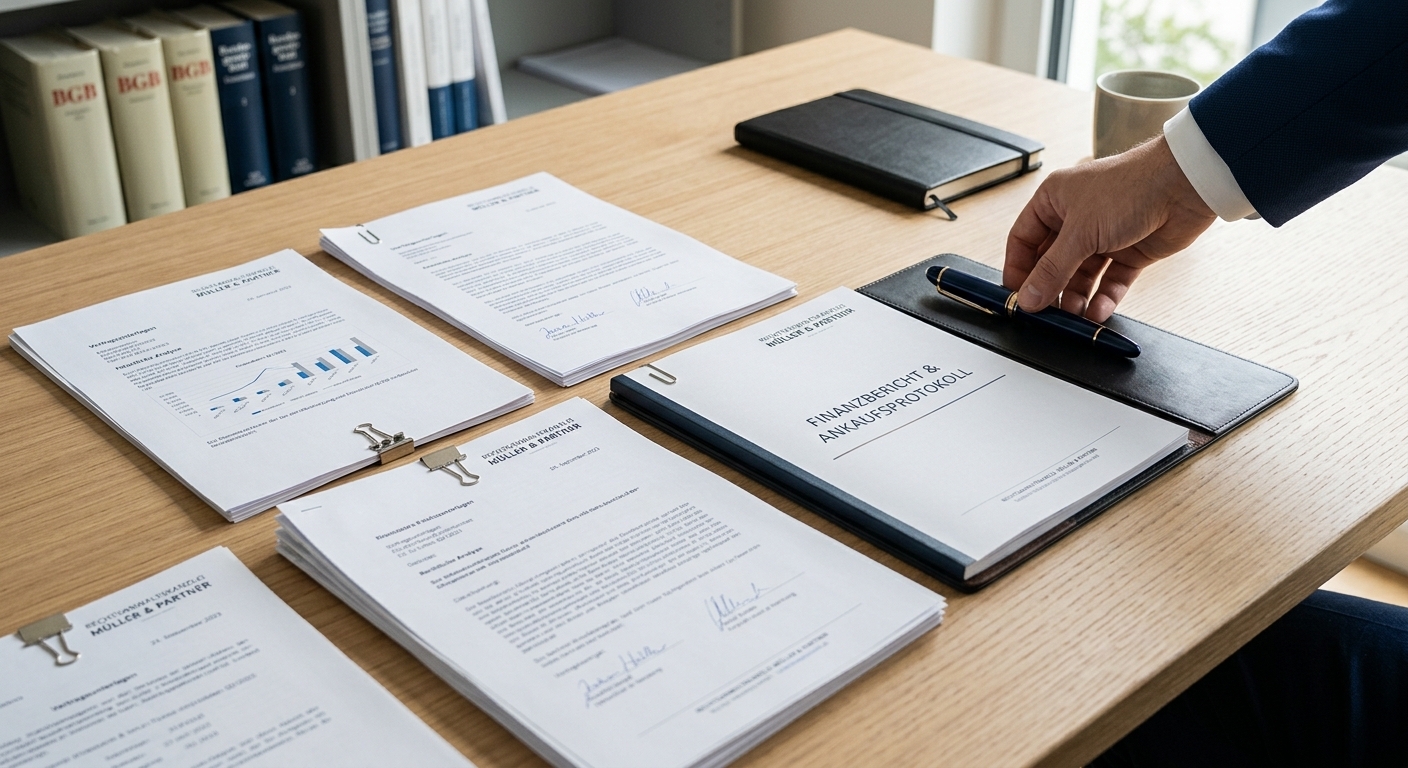 Eine detailreiche Nahaufnahme von Finanzdokumenten und rechtlichen Papieren auf einem aufgeräumten Schreibtisch. Eine Hand legt einen Stift daneben ab. Das Bild symbolisiert die Wichtigkeit der Dokumentation und Organisation.