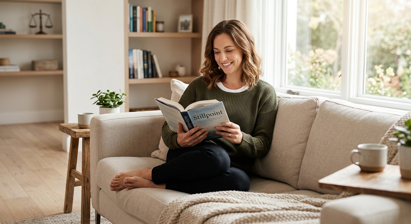 Eine freundliche, zufriedene Frau sitzt entspannt auf einem Sofa in einem hellen, modernen Wohnzimmer, lächelt und liest ein Buch. Sie strahlt Ruhe und Gelassenheit aus.