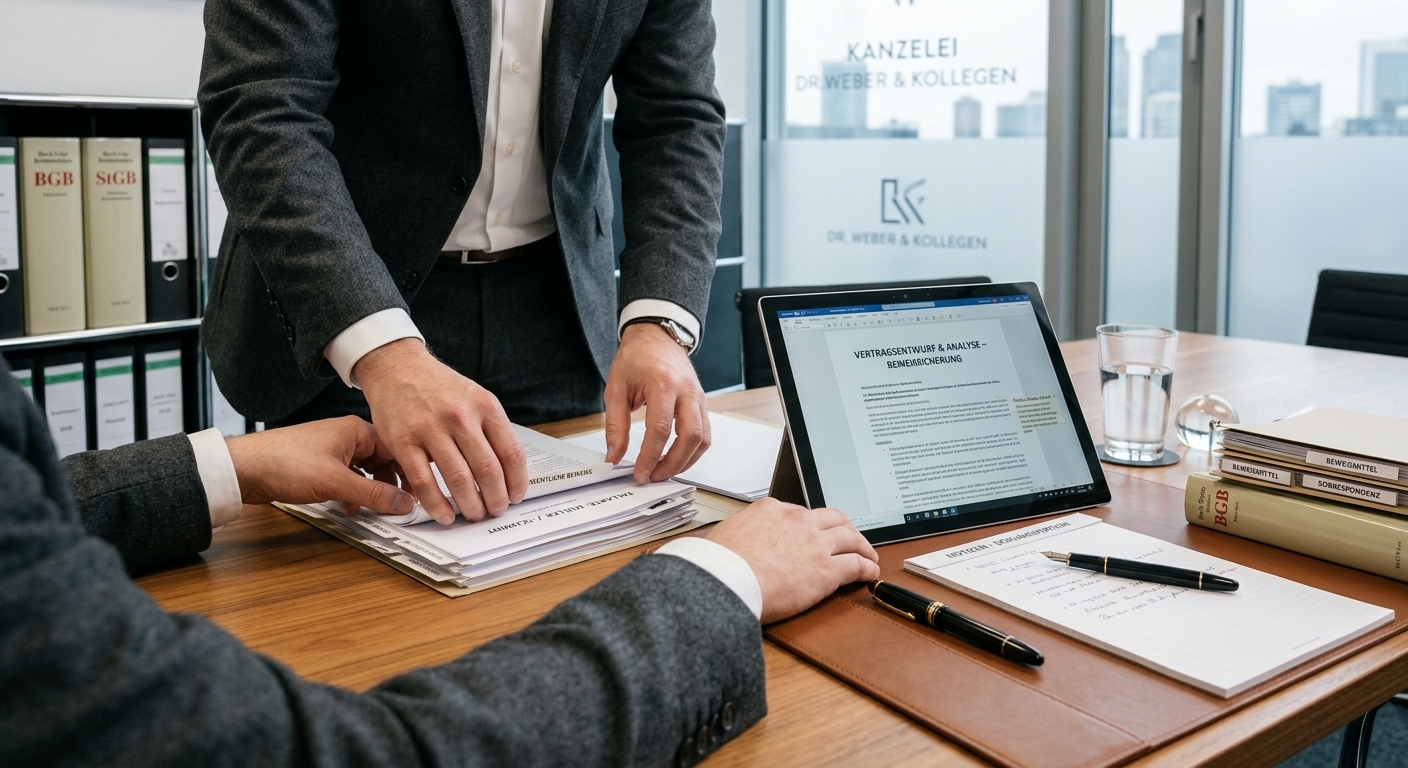 Eine professionelle Szene, die die Wichtigkeit der Organisation und Dokumentation nach einem Vorfall hervorhebt, mit Händen, die sorgfältig Notizen machen oder Fotos für die Beweissicherung sortieren.