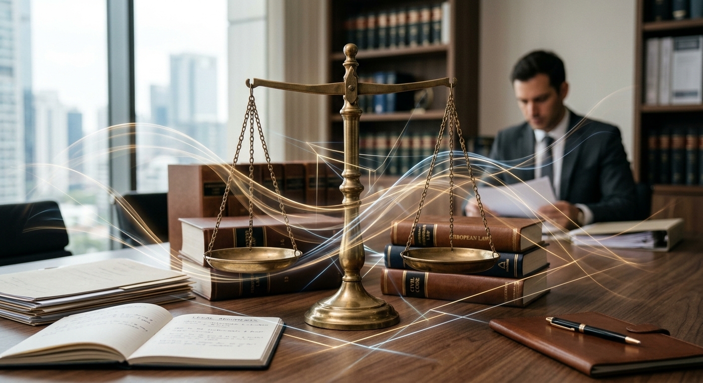 Symbole für Rechtswissenschaft und komplexe Entscheidungsfindung, wie eine Waage der Gerechtigkeit umgeben von abstrakten Formen, die verschiedene Aspekte der Haftung und des Gesetzes darstellen.