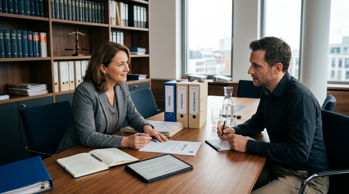 Eine abstrakte Darstellung von Rechtsberatung und Klärung, mit Dokumenten und einer Waage der Gerechtigkeit im Hintergrund, die Verständnis und Unterstützung symbolisiert.