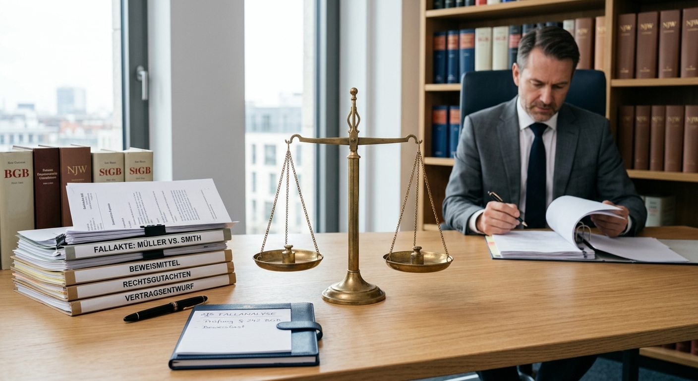 Eine klassische Waage der Gerechtigkeit, die perfekt ausbalanciert ist, daneben ein Stapel ordentlicher Dokumente, symbolisiert die faire Abwägung und Durchsetzung von finanziellen und immateriellen Ansprüchen.