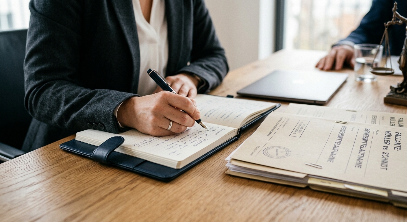 Eine Person, die wichtige Informationen und Details sorgfältig auf einem Notizblock festhält, um Beweise und Fakten zu dokumentieren, symbolisiert die Bedeutung der sofortigen und präzisen Beweissicherung nach einem Ereignis.
