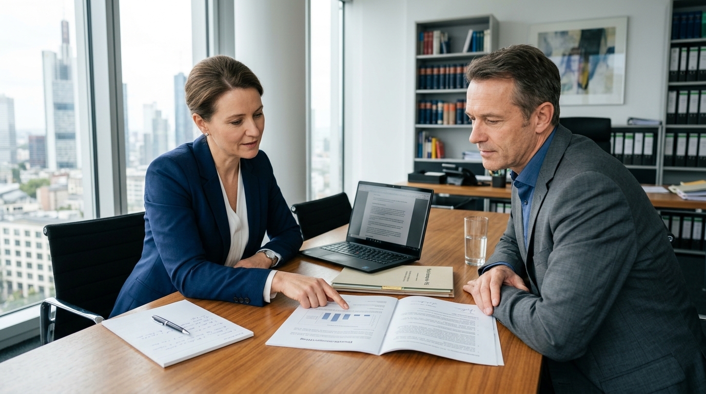 Ein Rechtsanwalt, der sich mit einem Klienten in einem modernen Büro berät und wichtige Dokumente durchgeht, symbolisiert professionelle Unterstützung und die Klärung von Rechtsfragen nach einem Unfall.