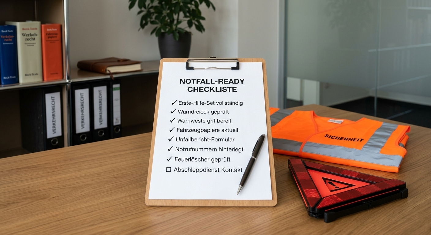 Eine Checkliste oder Notizen auf einem Klemmbrett, die die Schritte nach einem Unfall symbolisieren, mit Warnweste und Warndreieck im Hintergrund.