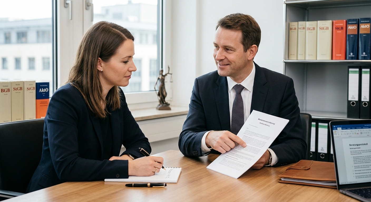 Ein Anwalt erklärt einer Person die Wildunfallbescheinigung und andere Dokumente in einem Beratungsgespräch.