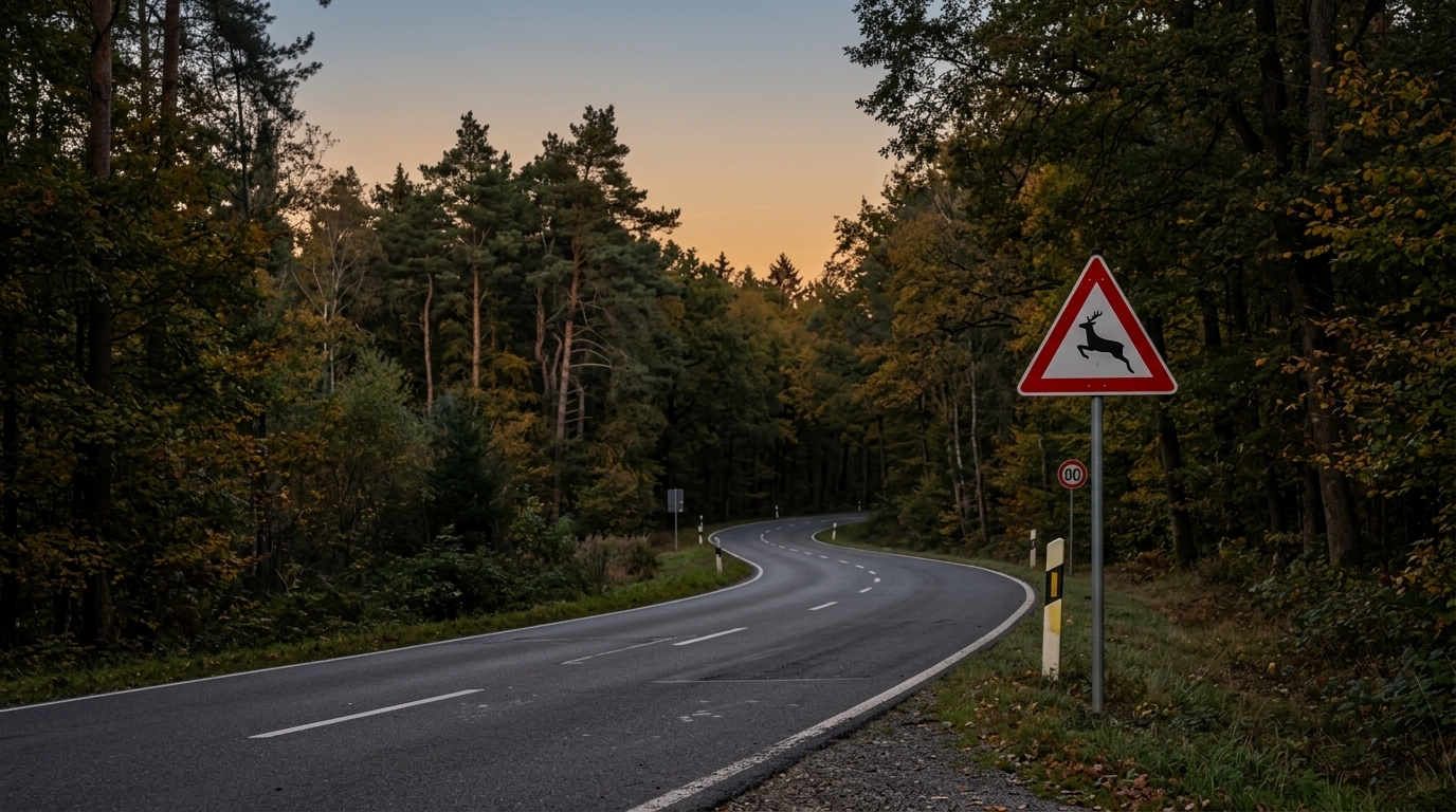 Eine Landschaftsaufnahme mit einem Schild, das auf Wildwechsel hinweist, um die Gefahr von Wildunfällen in der Dämmerung darzustellen.
