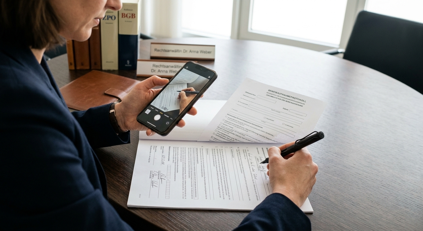 Nahaufnahme von Händen, die sorgfältig ein Formular ausfüllen und gleichzeitig ein Foto mit einem Smartphone machen, um die Bedeutung der sofortigen und detaillierten Dokumentation am Ort eines Ereignisses zu unterstreichen.