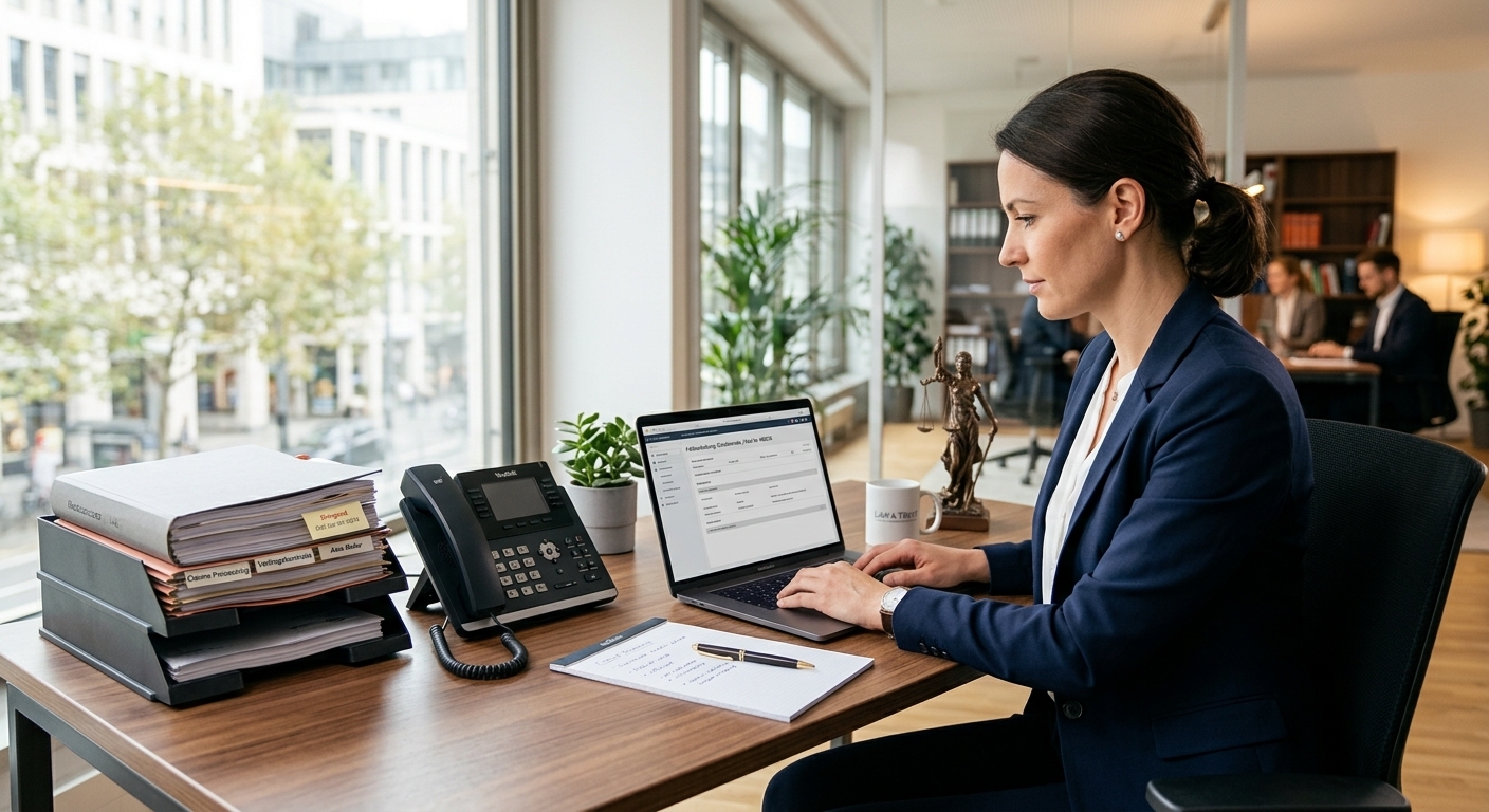 Ein übersichtlicher Schreibtisch in einem modernen Büro mit Dokumenten, einem Laptop und einem Telefon, der die effiziente und professionelle Schadensabwicklung von Deutschland aus darstellt.
