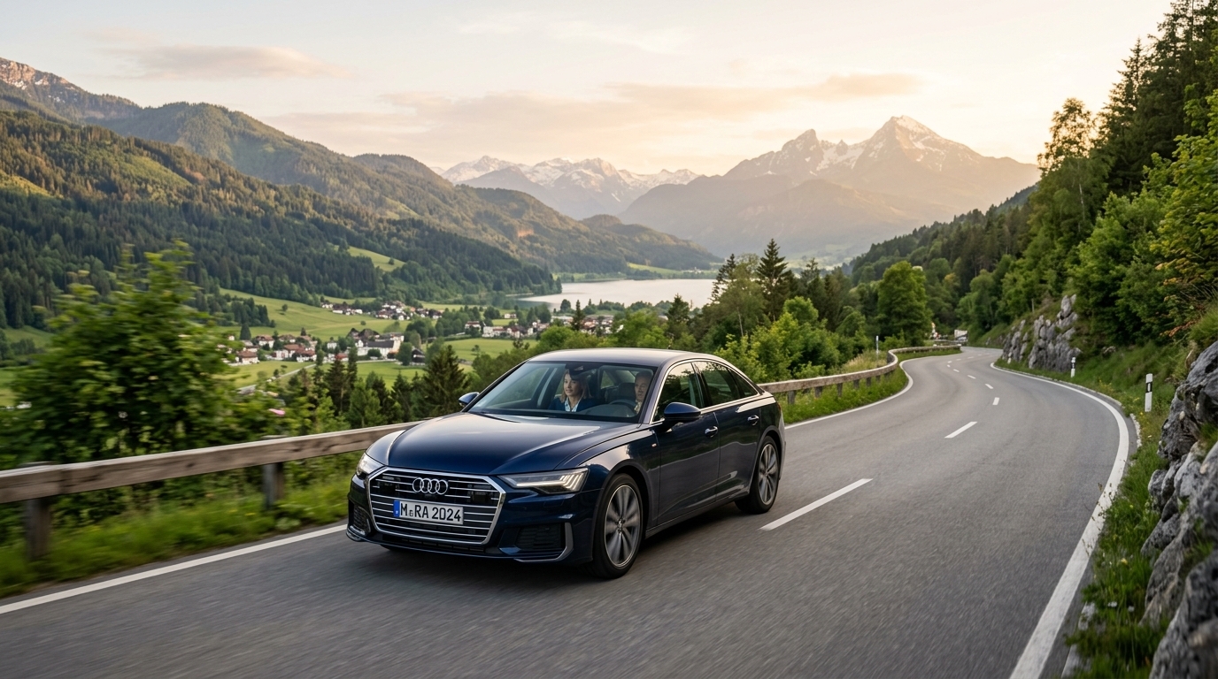 Eine malerische europäische Küstenstraße oder Berglandschaft mit einem Auto, das entspannt fährt, symbolisiert internationale Reisen und die Notwendigkeit von vorbereiteter Unterstützung im Falle eines unerwarteten Ereignisses.