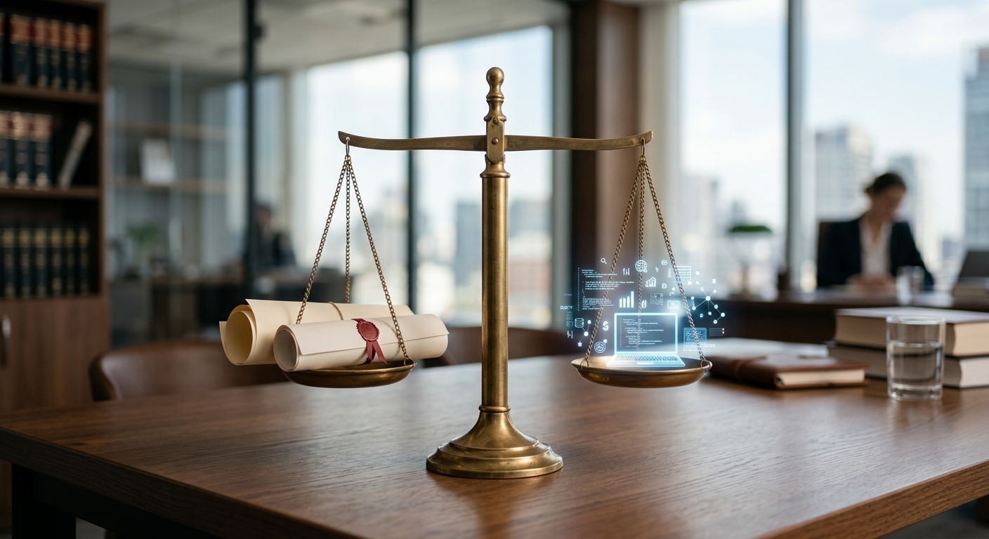 Eine Waage der Gerechtigkeit, die im Gleichgewicht schwebt, mit abstrahierten Symbolen für Beweise und Datenschutz auf ihren Schalen, symbolisiert den Ausgleich rechtlicher Interessen.