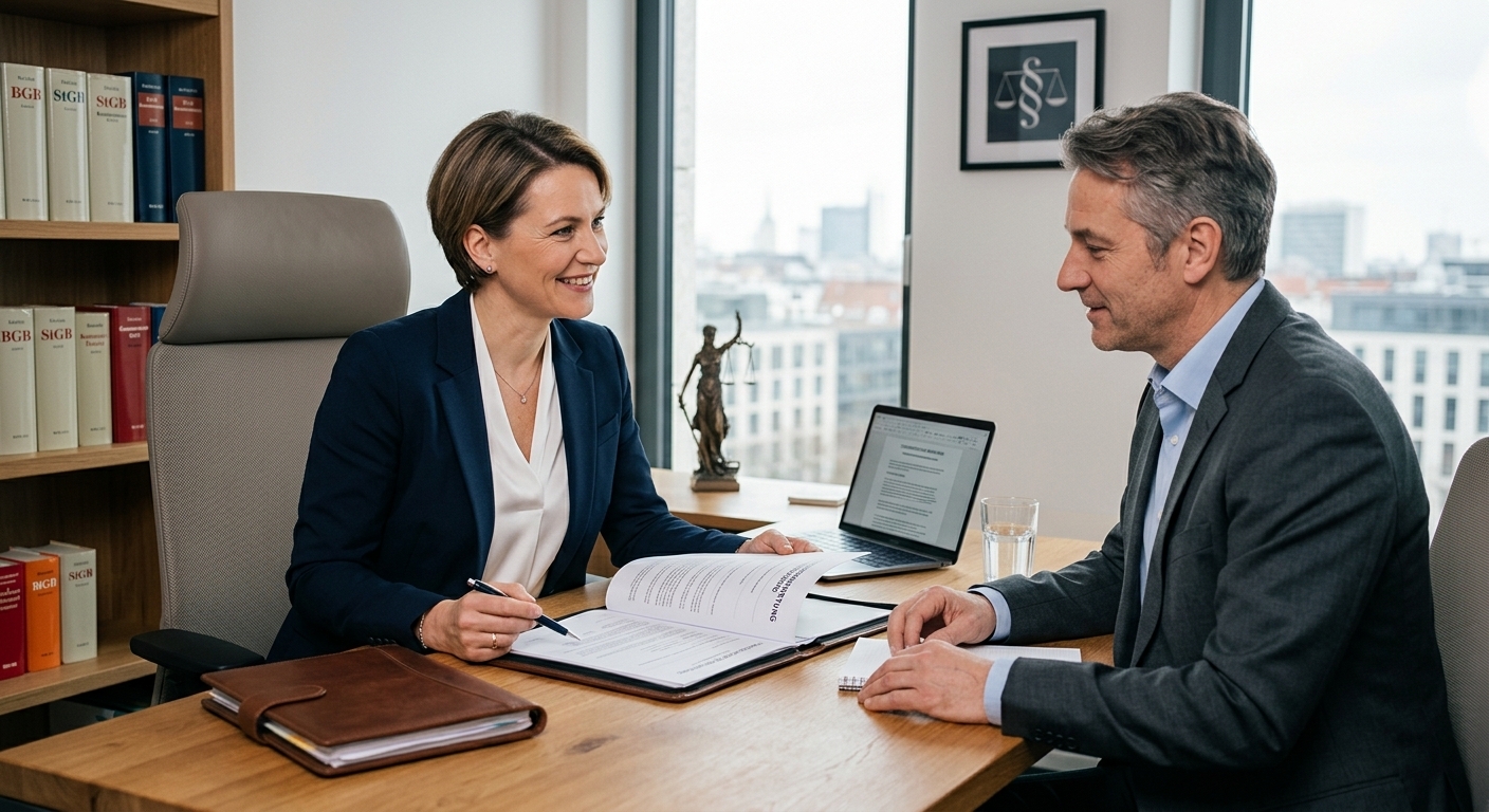 Ein Rechtsanwalt und ein Mandant sitzen an einem Schreibtisch und besprechen Dokumente in einer modernen Kanzlei, symbolisch für professionelle Beratung und Hilfe nach einem Vorfall.